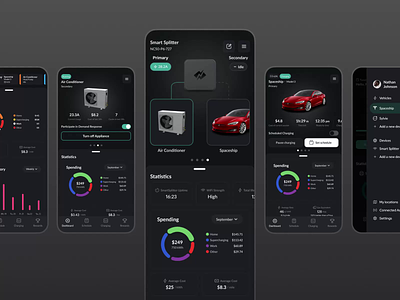 NeoCharge. Smart Splitter Control for EV Charging app battery design electric vehicle interface mobile smart charging spendings statistics tesla ui ux